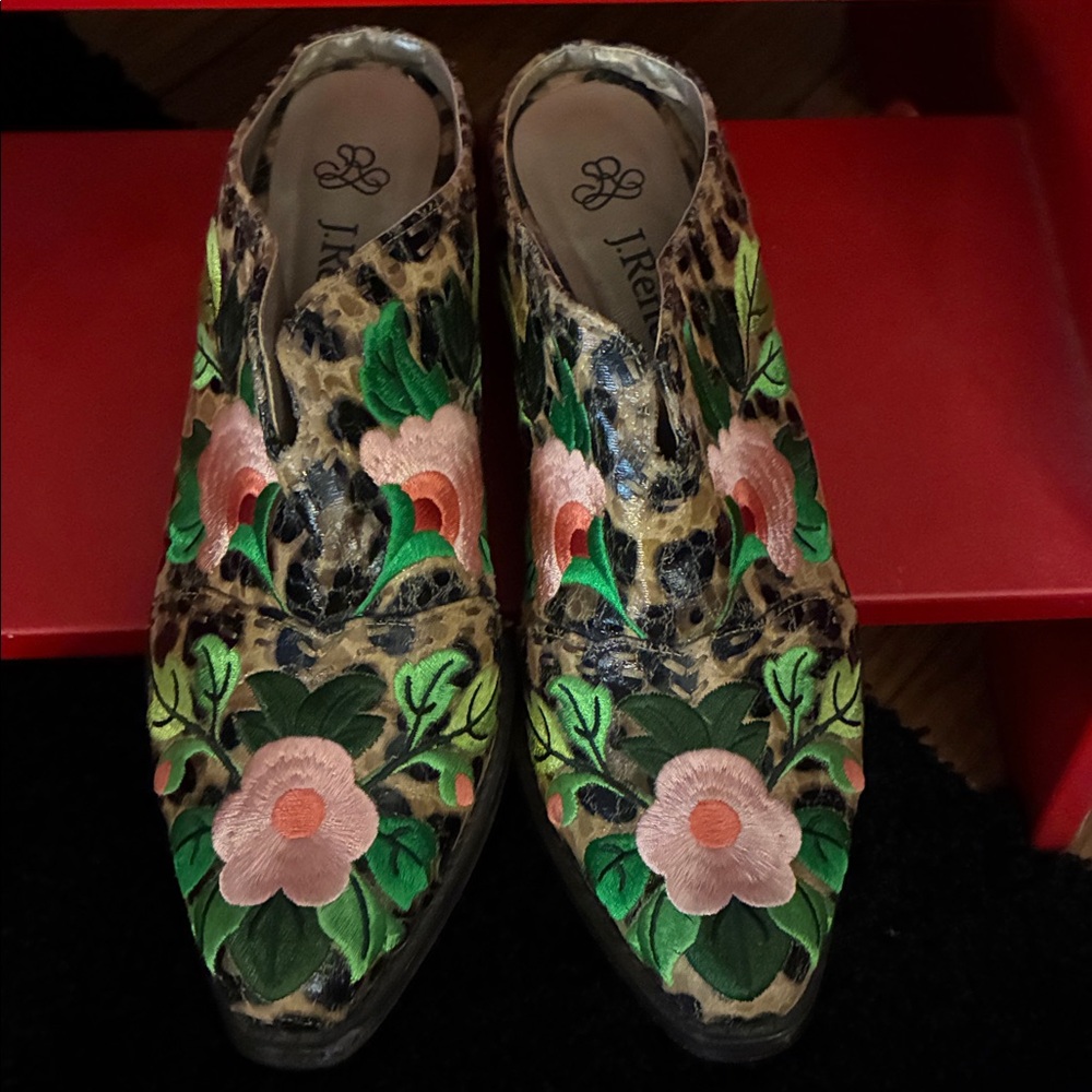 J.Renee Leopard-Print Mule with Pink & Green Floral Embroidery size 6 1/2